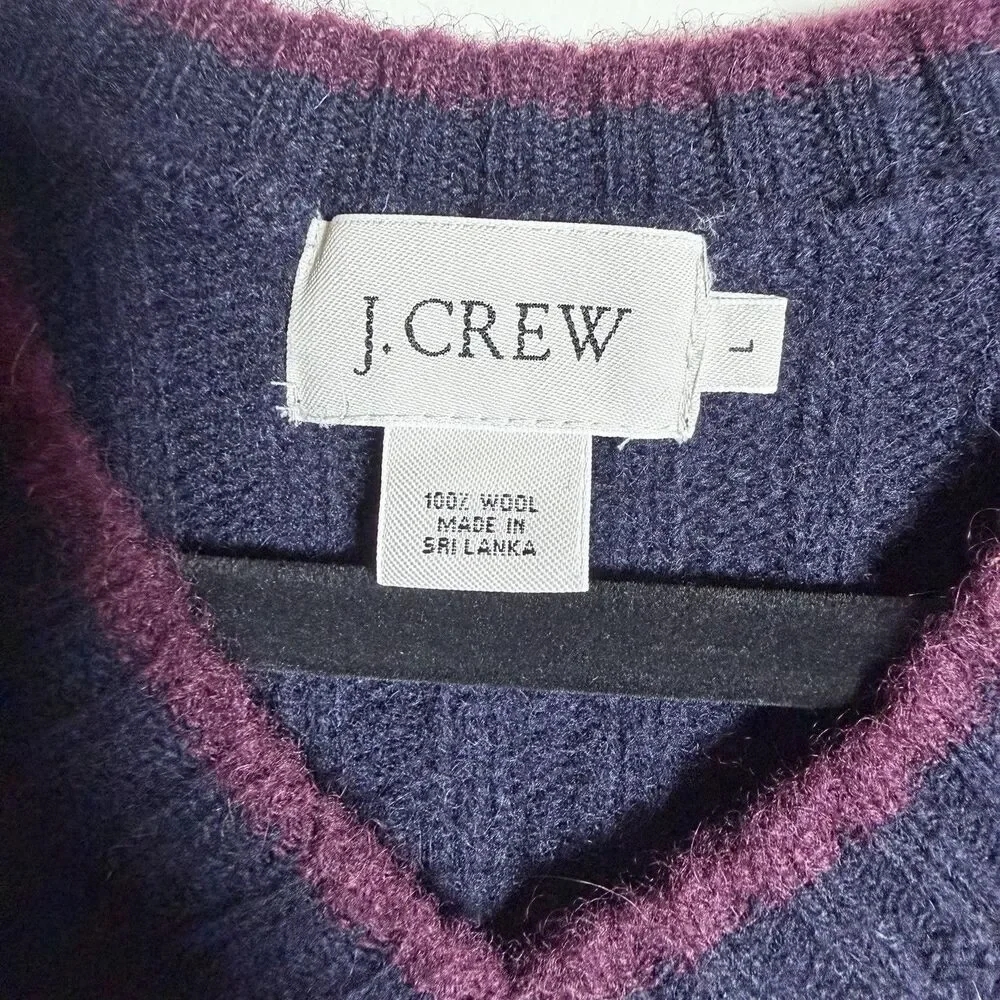 J.Crew 100 Wool Ribbed V-Neck Sweater Vest L Large Navy Burgundy Stripe Trim Y2K